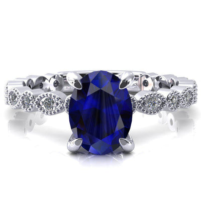 Lizette Oval Blue Sapphire 4 Claw Prong 3/4 Eternity Milgrain Diamond Shank Engagement Ring-FIRE & BRILLIANCE