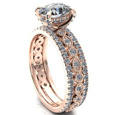 Lizette Oval Moissanite 4 Claw Prong 3/4 Eternity Milgrain Diamond Shank Engagement Ring-FIRE & BRILLIANCE
