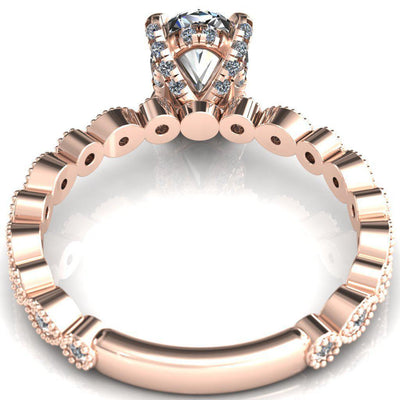 Lizette Oval Moissanite 4 Claw Prong 3/4 Eternity Milgrain Diamond Shank Engagement Ring-FIRE & BRILLIANCE