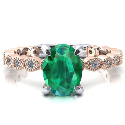 Lizette Oval Emerald 4 Claw Prong 3/4 Eternity Milgrain Diamond Shank Engagement Ring-FIRE & BRILLIANCE