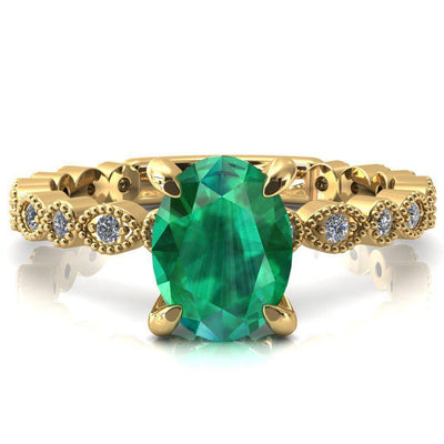 Lizette Oval Emerald 4 Claw Prong 3/4 Eternity Milgrain Diamond Shank Engagement Ring-FIRE & BRILLIANCE