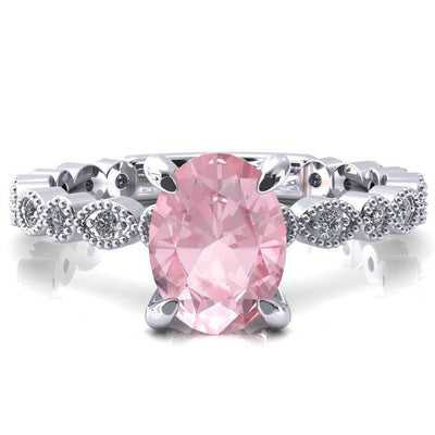 Lizette Oval Pink Sapphire 4 Claw Prong 3/4 Eternity Milgrain Diamond Shank Engagement Ring-FIRE & BRILLIANCE