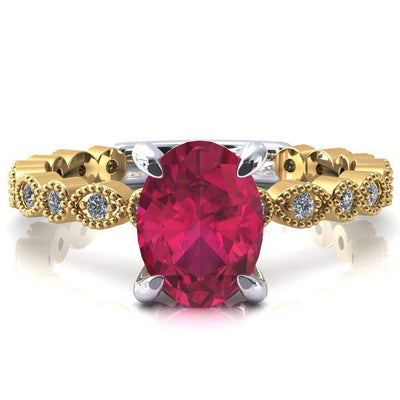 Lizette Oval Ruby 4 Claw Prong 3/4 Eternity Milgrain Diamond Shank Engagement Ring-FIRE & BRILLIANCE
