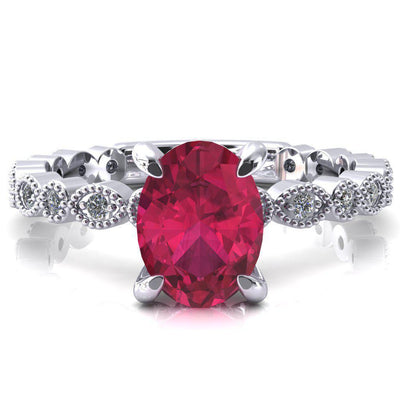 Lizette Oval Ruby 4 Claw Prong 3/4 Eternity Milgrain Diamond Shank Engagement Ring-FIRE & BRILLIANCE