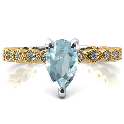 Lizette Pear Aqua Blue Spinel 3 Claw Prong 3/4 Eternity Milgrain Diamond Shank Engagement Ring-FIRE & BRILLIANCE
