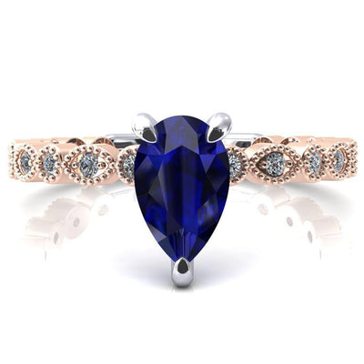 Lizette Pear Blue Sapphire 3 Claw Prong 3/4 Eternity Milgrain Diamond Shank Engagement Ring-FIRE & BRILLIANCE