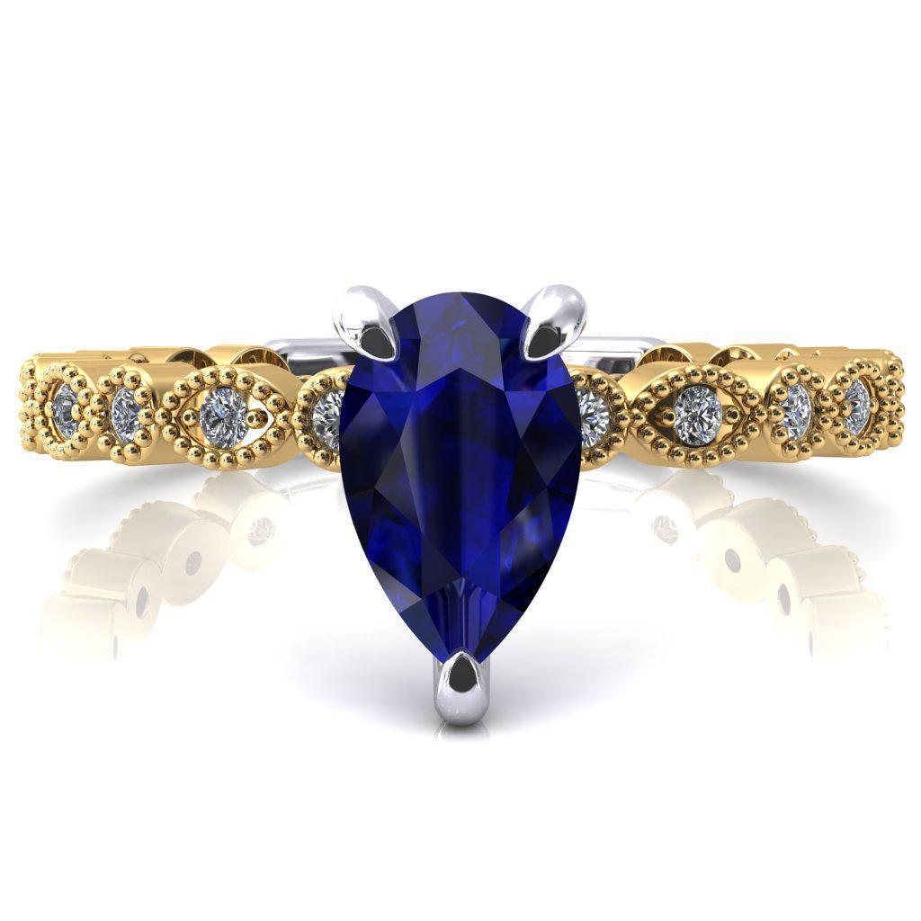 Lizette Pear Blue Sapphire 3 Claw Prong 3/4 Eternity Milgrain Diamond Shank Engagement Ring-FIRE & BRILLIANCE