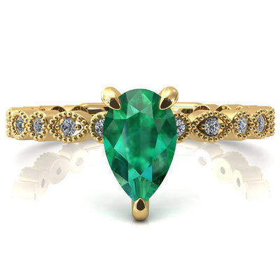 Lizette Pear Emerald 3 Claw Prong 3/4 Eternity Milgrain Diamond Shank Engagement Ring-FIRE & BRILLIANCE