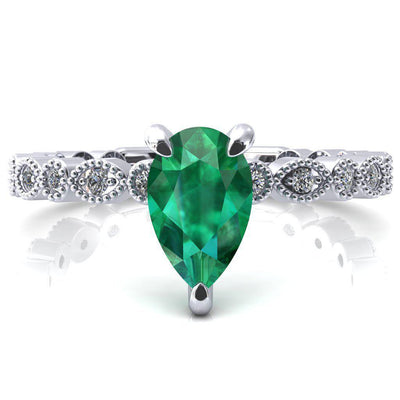 Lizette Pear Emerald 3 Claw Prong 3/4 Eternity Milgrain Diamond Shank Engagement Ring-FIRE & BRILLIANCE