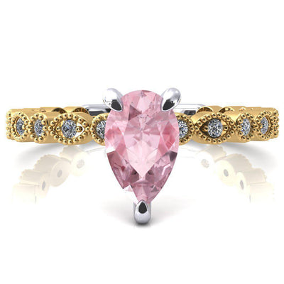 Lizette Pear Pink Sapphire 3 Claw Prong 3/4 Eternity Milgrain Diamond Shank Engagement Ring-FIRE & BRILLIANCE