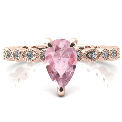 Lizette Pear Pink Sapphire 3 Claw Prong 3/4 Eternity Milgrain Diamond Shank Engagement Ring-FIRE & BRILLIANCE