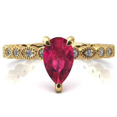 Lizette Pear Ruby 3 Claw Prong 3/4 Eternity Milgrain Diamond Shank Engagement Ring-FIRE & BRILLIANCE