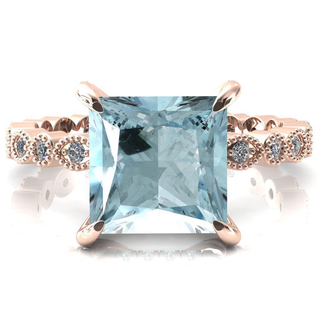 Lizette Princess Aqua Blue Spinel 4 Claw Prong 3/4 Eternity Milgrain Diamond Shank Engagement Ring-FIRE & BRILLIANCE