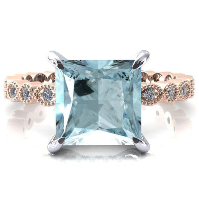 Lizette Princess Aqua Blue Spinel 4 Claw Prong 3/4 Eternity Milgrain Diamond Shank Engagement Ring-FIRE & BRILLIANCE