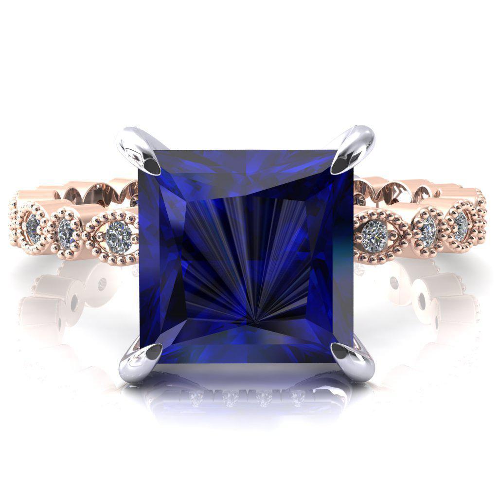 Lizette Princess Blue Sapphire 4 Claw Prong 3/4 Eternity Milgrain Diamond Shank Engagement Ring-FIRE & BRILLIANCE