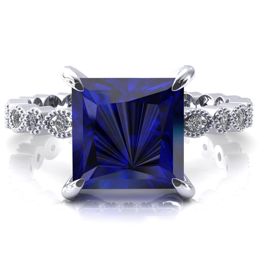 Lizette Princess Blue Sapphire 4 Claw Prong 3/4 Eternity Milgrain Diamond Shank Engagement Ring-FIRE & BRILLIANCE