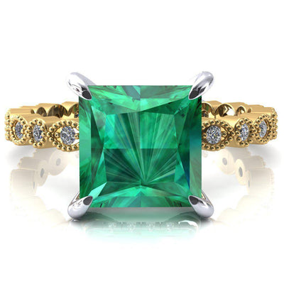 Lizette Princess Emerald 4 Claw Prong 3/4 Eternity Milgrain Diamond Shank Engagement Ring-FIRE & BRILLIANCE