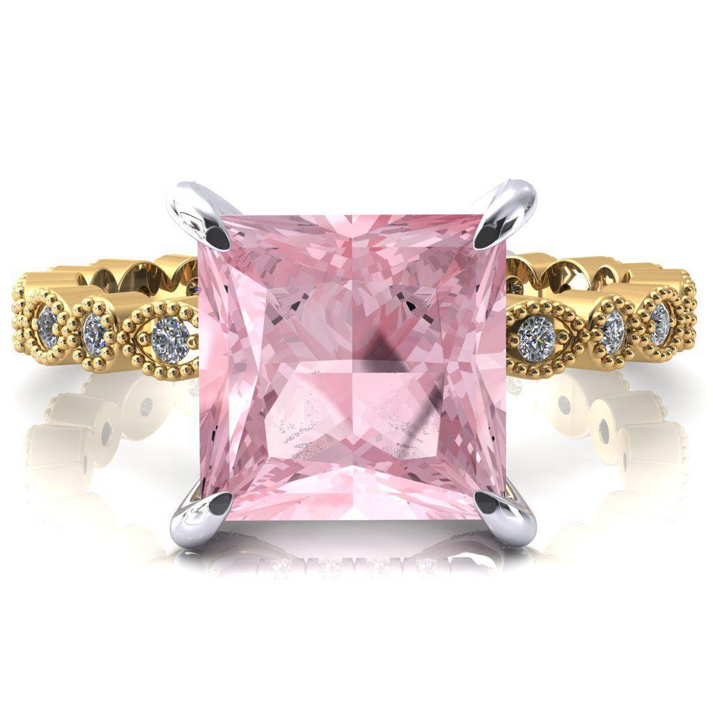 Lizette Princess Pink Sapphire 4 Claw Prong 3/4 Eternity Milgrain Diamond Shank Engagement Ring-FIRE & BRILLIANCE