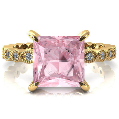 Lizette Princess Pink Sapphire 4 Claw Prong 3/4 Eternity Milgrain Diamond Shank Engagement Ring-FIRE & BRILLIANCE