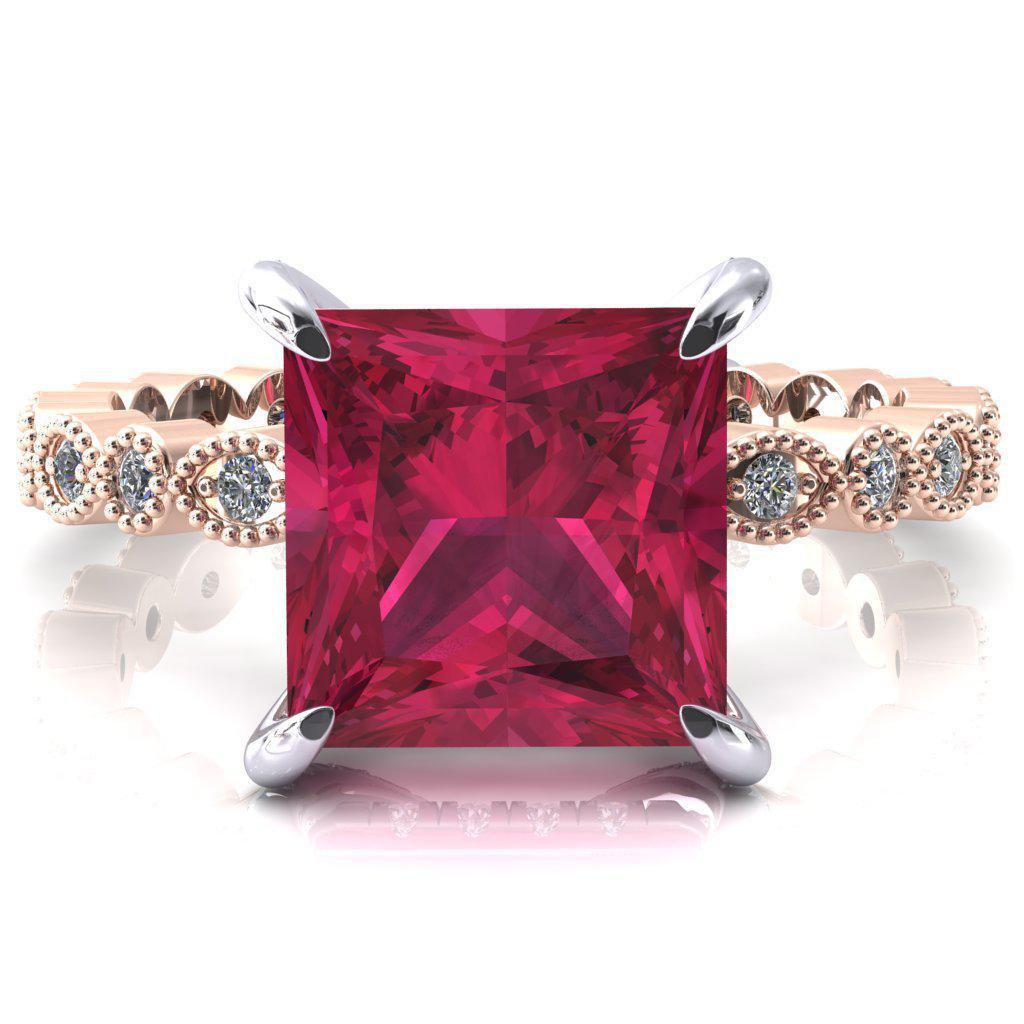 Lizette Princess Ruby 4 Claw Prong 3/4 Eternity Milgrain Diamond Shank Engagement Ring-FIRE & BRILLIANCE