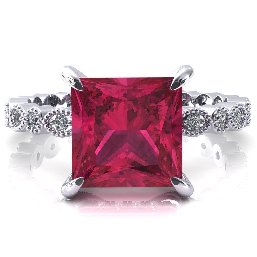 Lizette Princess Ruby 4 Claw Prong 3/4 Eternity Milgrain Diamond Shank Engagement Ring-FIRE & BRILLIANCE