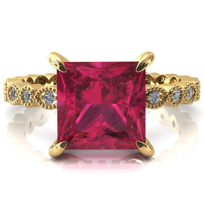 Lizette Princess Ruby 4 Claw Prong 3/4 Eternity Milgrain Diamond Shank Engagement Ring-FIRE & BRILLIANCE