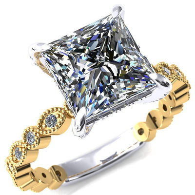 Lizette Princess/Square Moissanite 4 Claw Prong 3/4 Eternity Milgrain Diamond Shank Engagement Ring-FIRE & BRILLIANCE