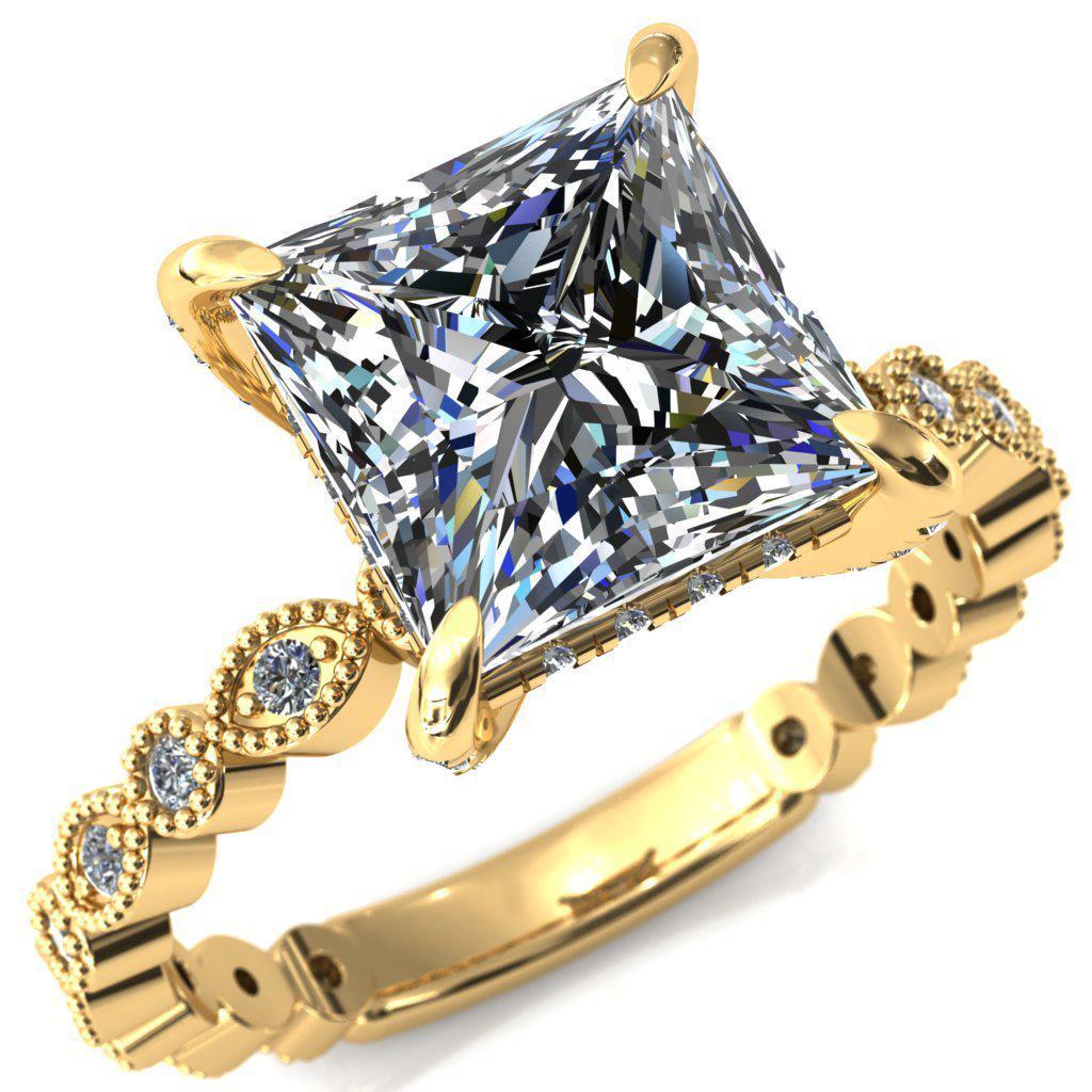 Lizette Princess/Square Moissanite 4 Claw Prong 3/4 Eternity Milgrain Diamond Shank Engagement Ring-FIRE & BRILLIANCE