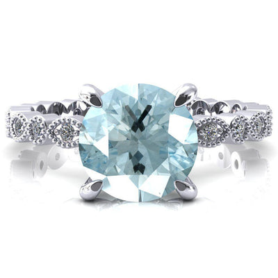Lizette Round Aqua Blue Spinel 4 Claw Prong 3/4 Eternity Milgrain Diamond Shank Engagement Ring-FIRE & BRILLIANCE
