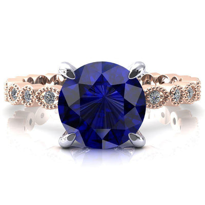 Lizette Round Blue Sapphire 4 Claw Prong 3/4 Eternity Milgrain Diamond Shank Engagement Ring-FIRE & BRILLIANCE