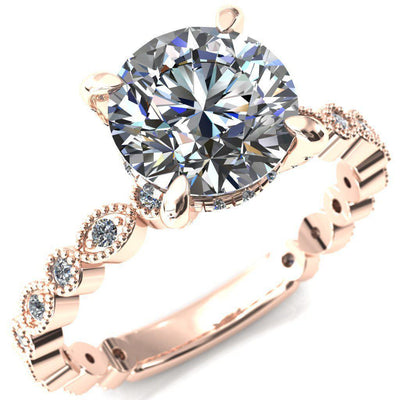 Lizette Round Moissanite 4 Claw Prong 3/4 Eternity Milgrain Diamond Shank Engagement Ring-FIRE & BRILLIANCE