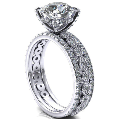 Lizette Round Moissanite 4 Claw Prong 3/4 Eternity Milgrain Diamond Shank Engagement Ring-FIRE & BRILLIANCE