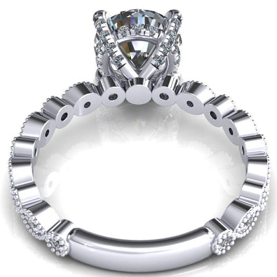 Lizette Round Moissanite 4 Claw Prong 3/4 Eternity Milgrain Diamond Shank Engagement Ring-FIRE & BRILLIANCE