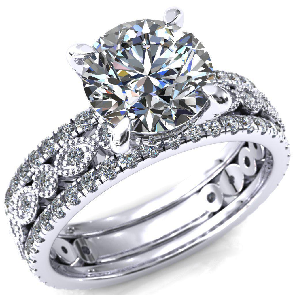 Lizette Round Moissanite 4 Claw Prong 3/4 Eternity Milgrain Diamond Shank Engagement Ring-FIRE & BRILLIANCE