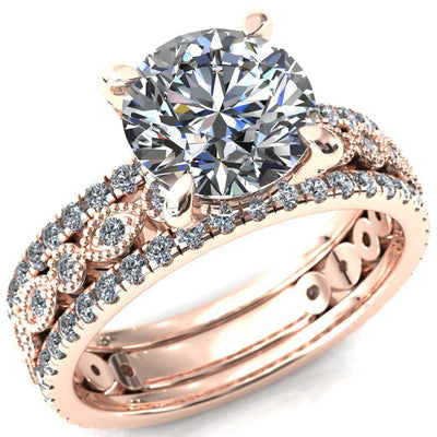 Lizette Round Moissanite 4 Claw Prong 3/4 Eternity Milgrain Diamond Shank Engagement Ring-FIRE & BRILLIANCE