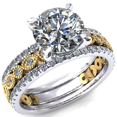 Lizette Round Moissanite 4 Claw Prong 3/4 Eternity Milgrain Diamond Shank Engagement Ring-FIRE & BRILLIANCE