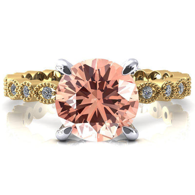 Lizette Round Champagne Sapphire 4 Claw Prong 3/4 Eternity Milgrain Diamond Shank Engagement Ring-FIRE & BRILLIANCE