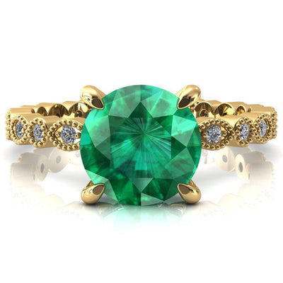 Lizette Round Emerald 4 Claw Prong 3/4 Eternity Milgrain Diamond Shank Engagement Ring-FIRE & BRILLIANCE