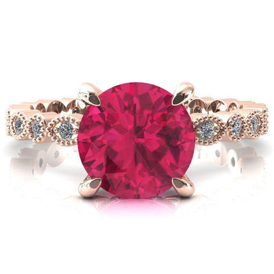 Lizette Round Ruby 4 Claw Prong 3/4 Eternity Milgrain Diamond Shank Engagement Ring-FIRE & BRILLIANCE
