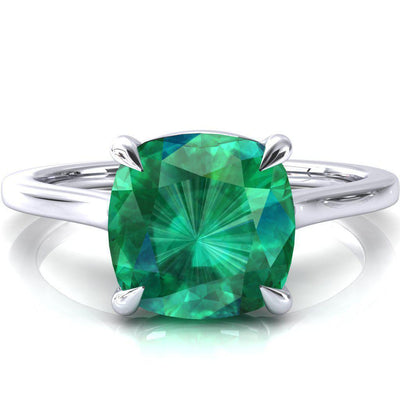 Lizzy Cushion Emerald 4 Claw Prong Cathedral Engagement Ring-FIRE & BRILLIANCE