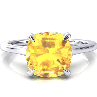 Lizzy Cushion Yellow Sapphire 4 Claw Prong Cathedral Engagement Ring-FIRE & BRILLIANCE