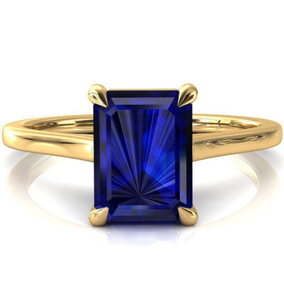 Lizzy Emerald Blue Sapphire 4 Claw Prong Cathedral Engagement Ring-FIRE & BRILLIANCE