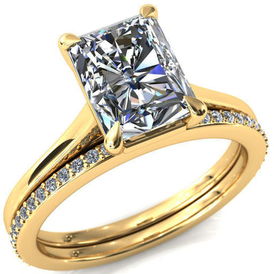 Lizzy Radiant Moissanite 4 Claw Prong Cathedral Engagement Ring-Custom-Made Jewelry-Fire & Brilliance ®