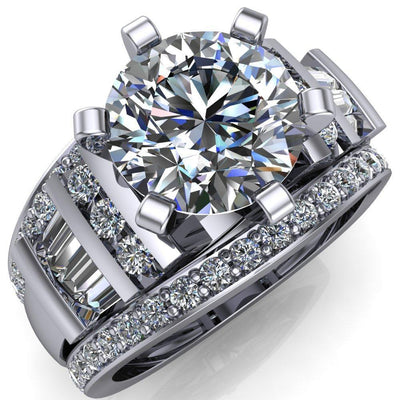 London Round Moissanite 6 Prong Baguette and Diamond Accent Ring-Custom-Made Jewelry-Fire & Brilliance ®