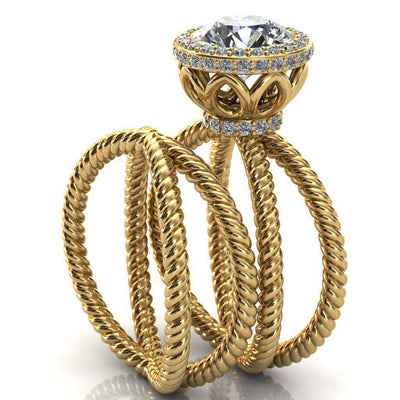 Luna Round Moissanite Filigree Basket Diamond Halo and Collar Double Rope Ring-Custom-Made Jewelry-Fire & Brilliance ®