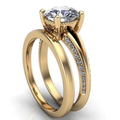 Lydia Round Moissanite Milgrain Eloquise Split Shank with Side Diamond Ring-Custom-Made Jewelry-Fire & Brilliance ®