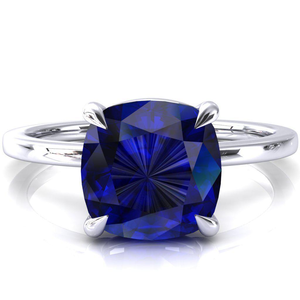 Lyla Cushion Blue Sapphire 4 Claw Prong Single Rail Solitaire Ring-FIRE & BRILLIANCE