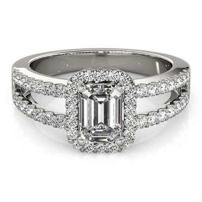 Lynsey Emerald Moissanite Split Shank Halo Engagement Ring-Custom-Made Jewelry-Fire & Brilliance ®