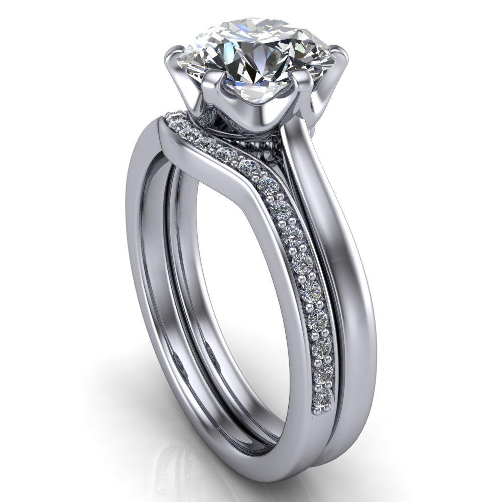 Lyra Round Moissanite V Shape 6 Prong Basket Design Cathedral Ring-Custom-Made Jewelry-Fire & Brilliance ®