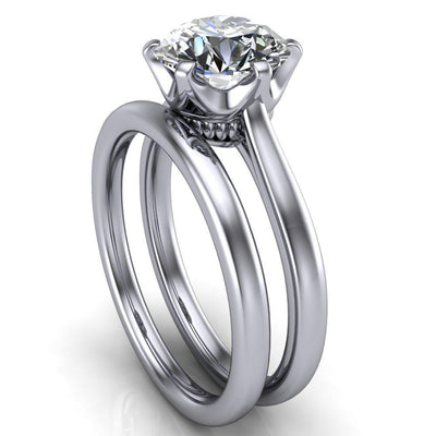 Lyra Round Moissanite V Shape 6 Prong Basket Design Cathedral Ring-Custom-Made Jewelry-Fire & Brilliance ®